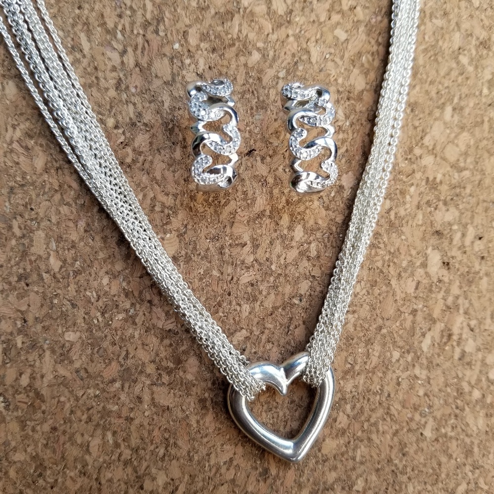 Silver Heart Necklace & Diamond Chip Earrings